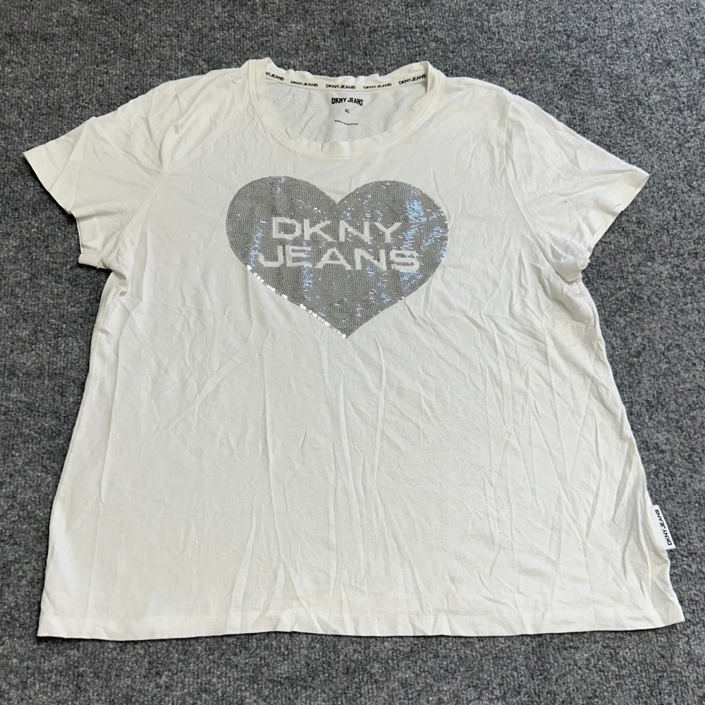 DKNY Jeans T-Shirt Womens Size XL White Sequin Heart Modal Blend Casual Relaxed
